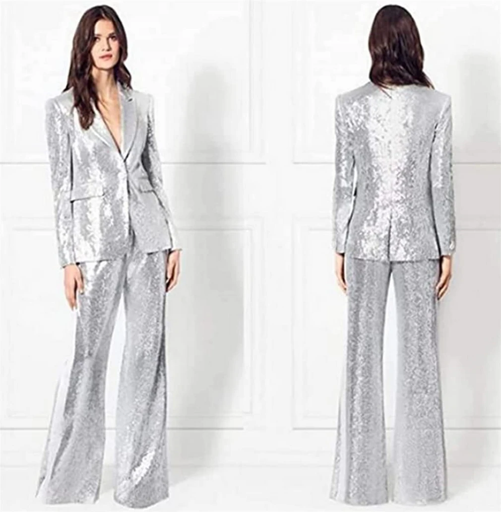 Top Trends: Autumn 2023 Fashion Sequined 2-Piece Women&#039;s Suit Set Jacket Pants Ladies Chic Outfit Wedding Party Dress Wear Women Pantsuit Shoppable Styles