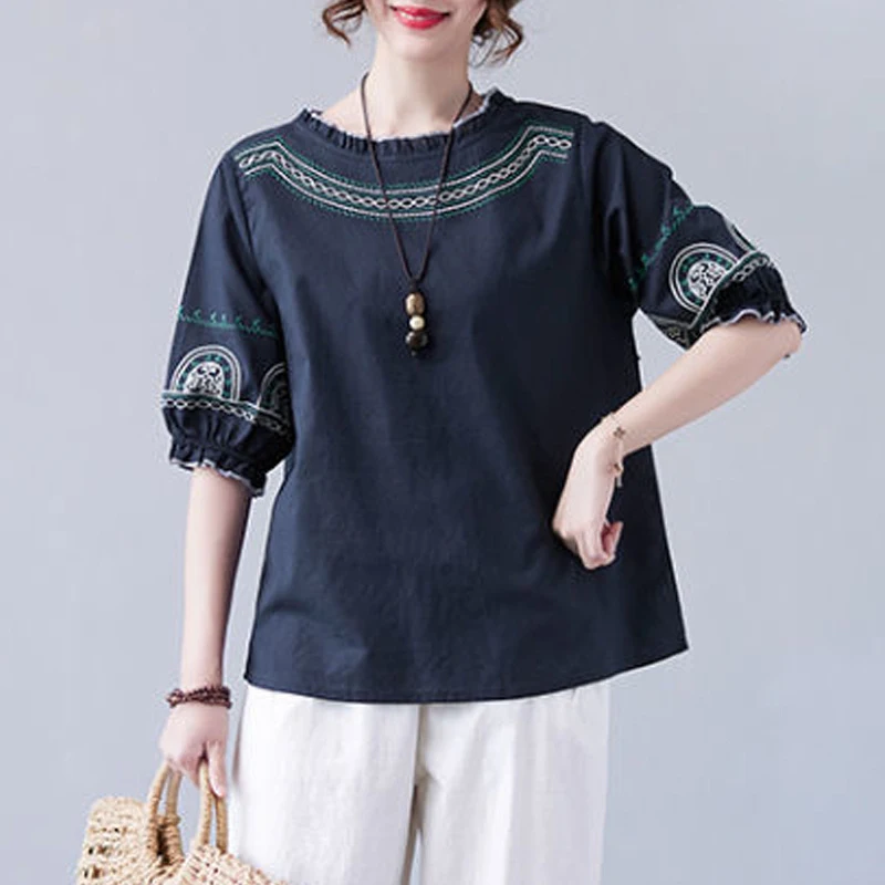 Top Trends: Retro Ethnic Style Embroidery Ruffle Chic Cotton Linen Ladies Tops Blouses Summer Round Neck Loose Half Sleeve Shirts For Women Shoppable Styles - Image 2