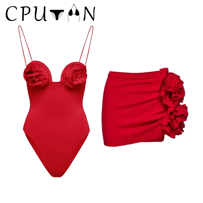 Top Trends: CPUTAN 2024 Sexy 3D Flower One Piece Swimwear Skirt Women Vintage Push Up Swimsuit Solid Red Beachwear Summer Bathing Suit Dress Shoppable Styles