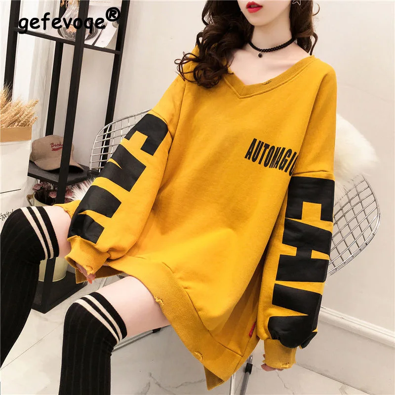 Top Trends: Letter Print V-neck Streetwear Oversized Cotton Women&#039;s Sweatshirt Autumn Korean Harajuku Long Sleeve Loose Pullovers Top Female Shoppable Styles