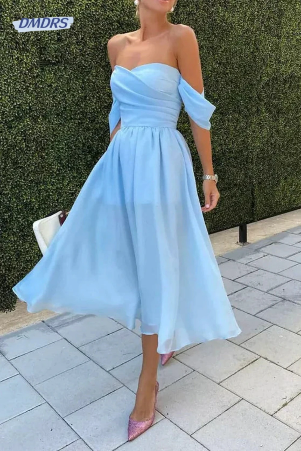 Top Trends: Blue Chiffon Off-The-Shoulder Short Prom Dress Simple Tea-length Bridesmaid Dress Elegant Off The Shoulder A Line Dresses Shoppable Styles