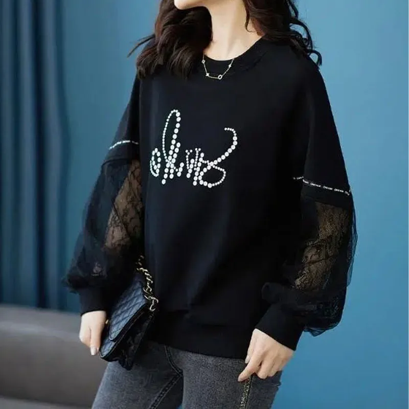 Top Trends: Casual Korean Lace Spliced Long Sleeve Sweatshirts Autumn Winter Women's Clothing Fashion Solid Color Printed Tops For Female Shoppable Styles