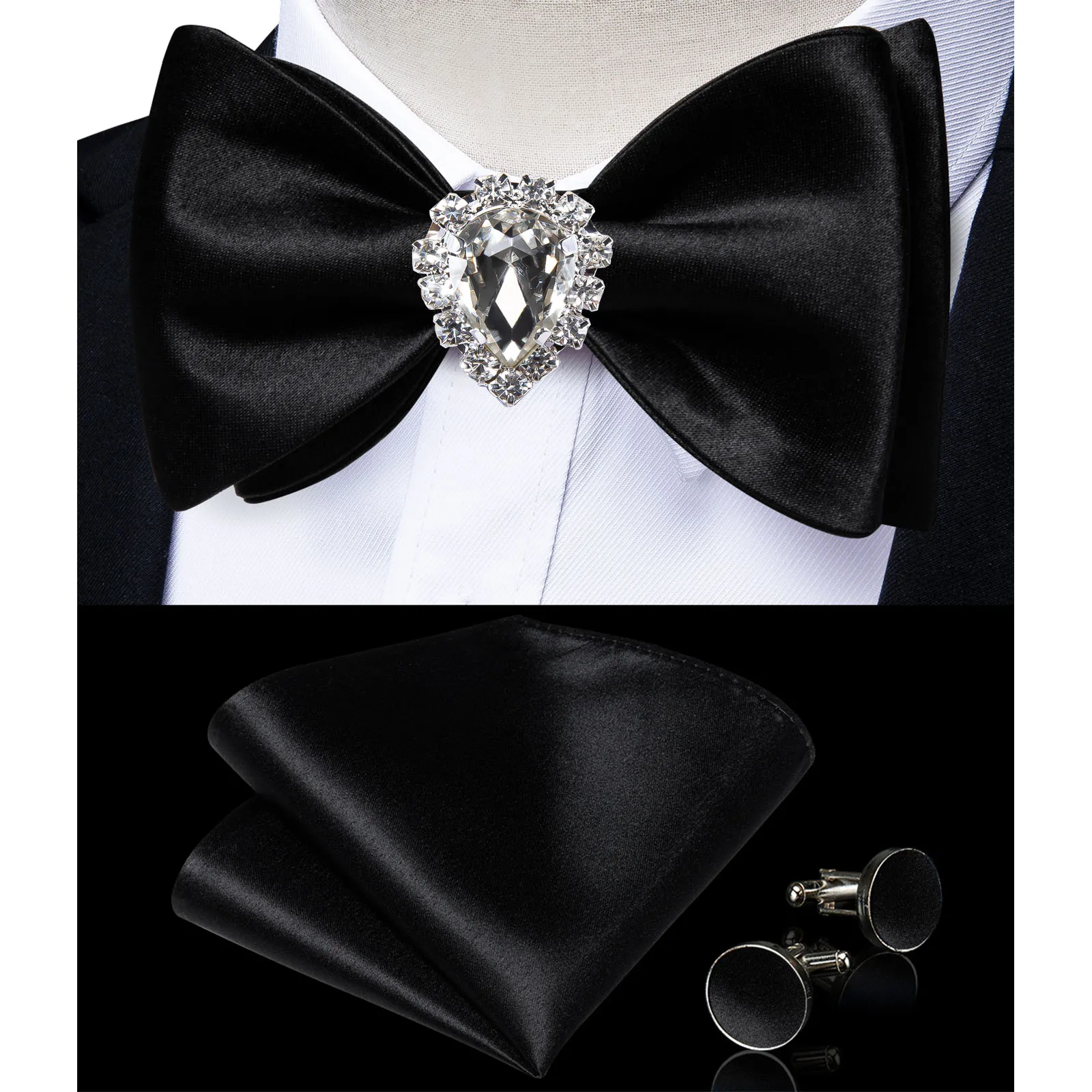 Top Trends: Fashion Self-tie Bowtie Pocket Square Cufflinks Ring 4 Pcs Set Classic Black Solid Silk Men's Bow Tie Butterfly Knot For Wedding Shoppable Styles