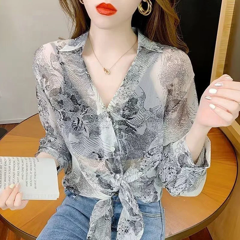 Top Trends: Stylish Lapel Button Printed Bandage Chiffon Shirt Women&#039;s Clothing 2023 Spring Summer New Casual Tops Loose Office Lady Blouse Shoppable Styles