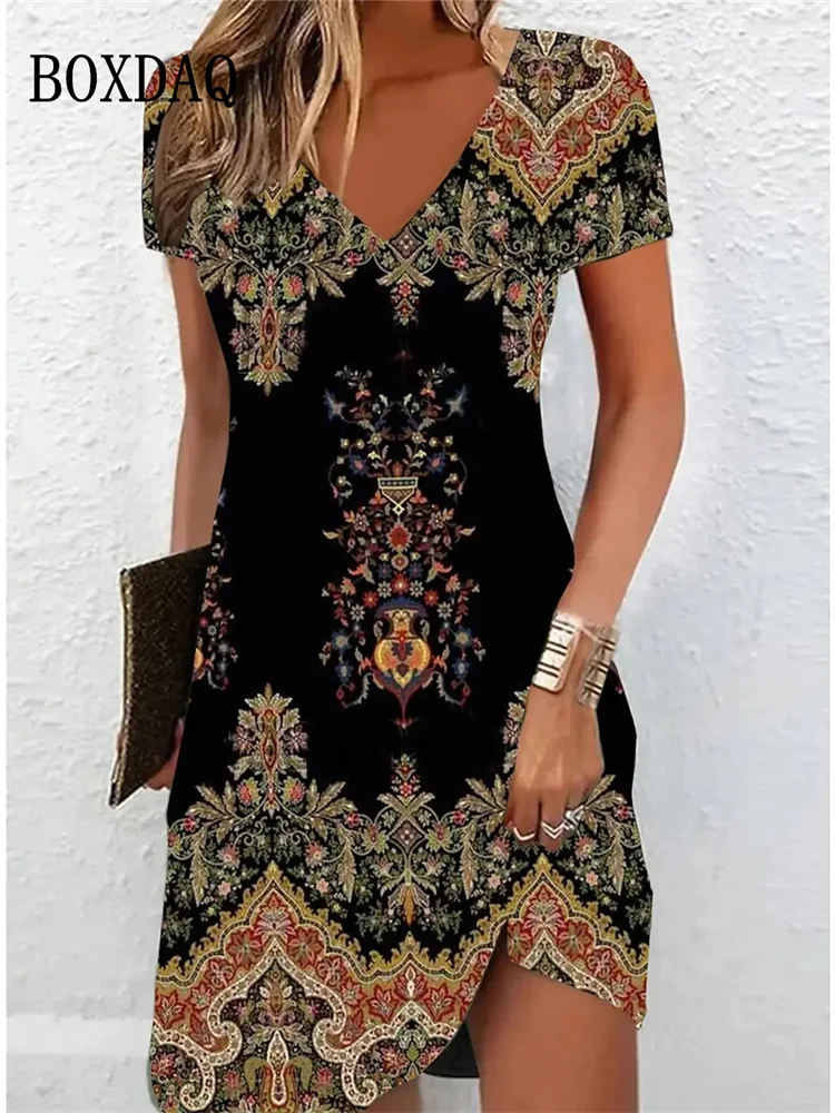 Top Trends: Vintage Women Midi Dresses For 2024 Ethnic Style Floral Print Loose Dress Plus Size Casual Short Sleeve Pullover V-Neck Dress Shoppable Styles