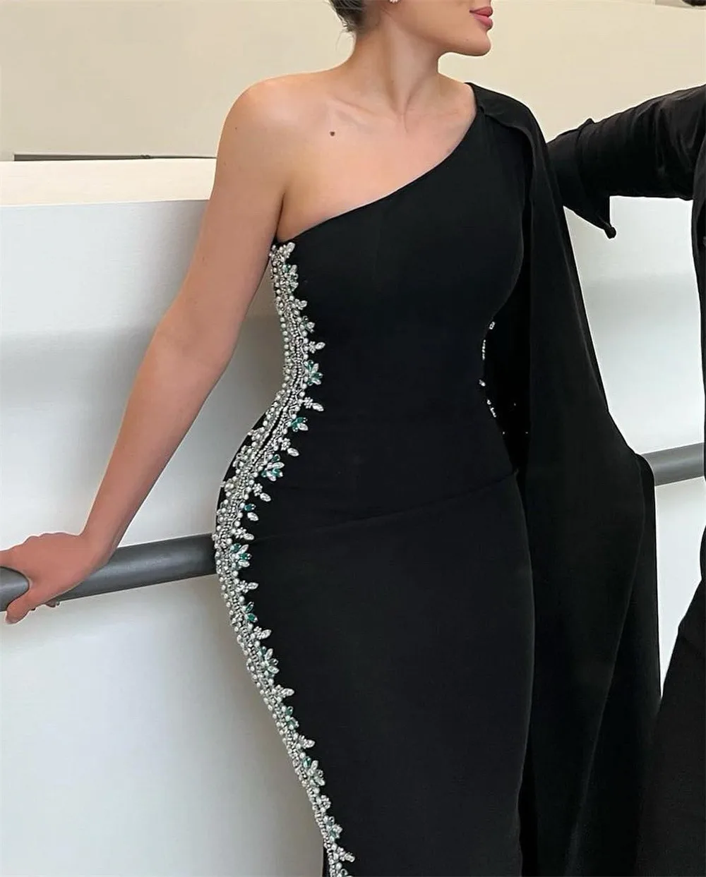 Top Trends: Elegant Black One Shoulder Full Sleeve Crystal Mermaid Long Evening Dress Floor Length Sweep Train Fashion Formal Gown Shoppable Styles