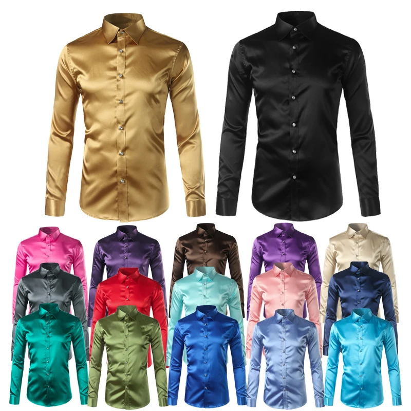 Top Trends: Silk Shirt Men 2022 Satin Smooth Men Solid Tuxedo Shirt Business Chemise Homme Casual Slim Fit Shiny Gold Wedding Dress Shirts Shoppable Styles