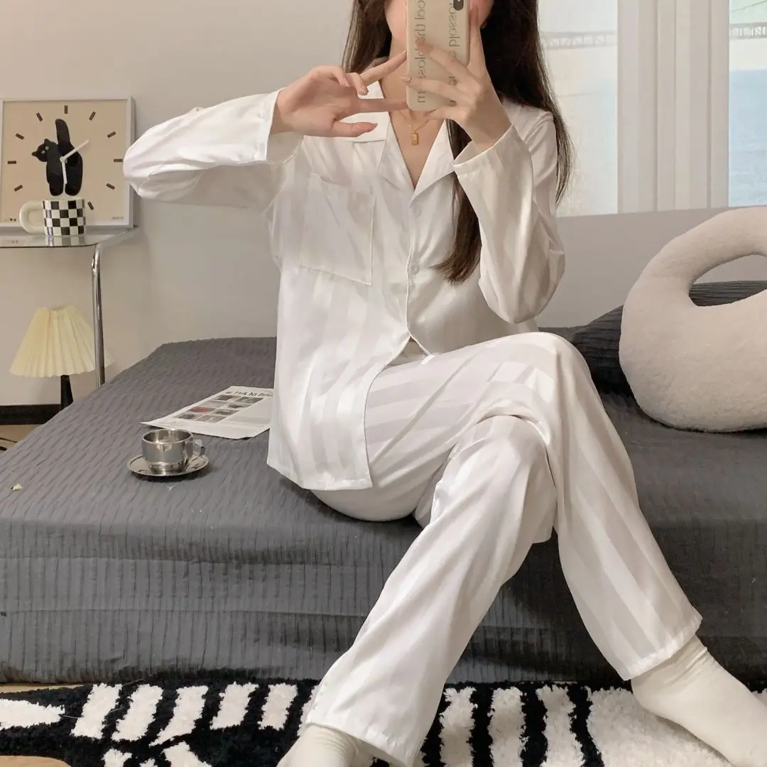 Top Trends: Women&#039;s 2 Piece Pajamas Set Striped Pijama Faux Silk Satin Pyjama Female Sleepwear Long Sleeve Shirt Pants Homewear Loungewear Shoppable Styles