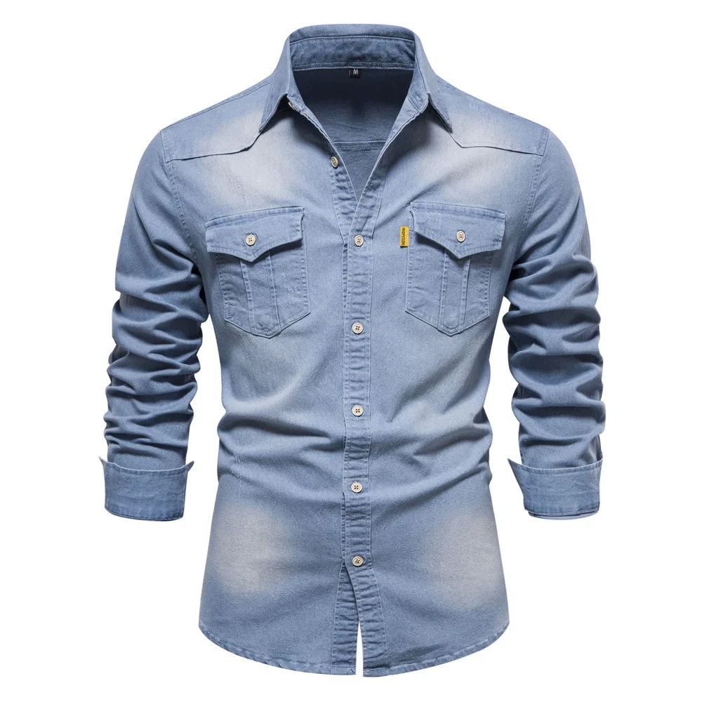 Top Trends: Fashion Autumn Cotton Denim Shirts Men Casual Long Sleeve Quality Cowboy Shirt Solid Color Slim Fit Elastic Jean Shirts For Men Shoppable Styles - Image 6