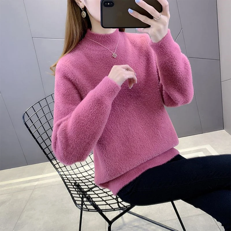 Top Trends: Fluffy Soft Thick Warm Half High Collar Knitted Sweater For Women Autumn Winter Korean Style Solid Long Sleeve Pullovers Jumpers Shoppable Styles - Image 4