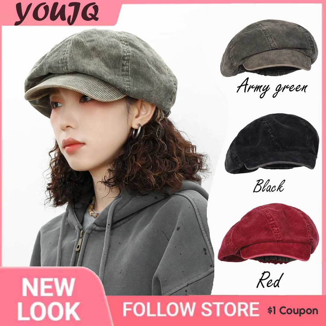 Top Trends: Y2K Big Winter Retro Corduroy Cloud Octagonal Hats For Women Autumn Winter Fashion Warm Literary Newsboy Cap Beret Shoppable Styles