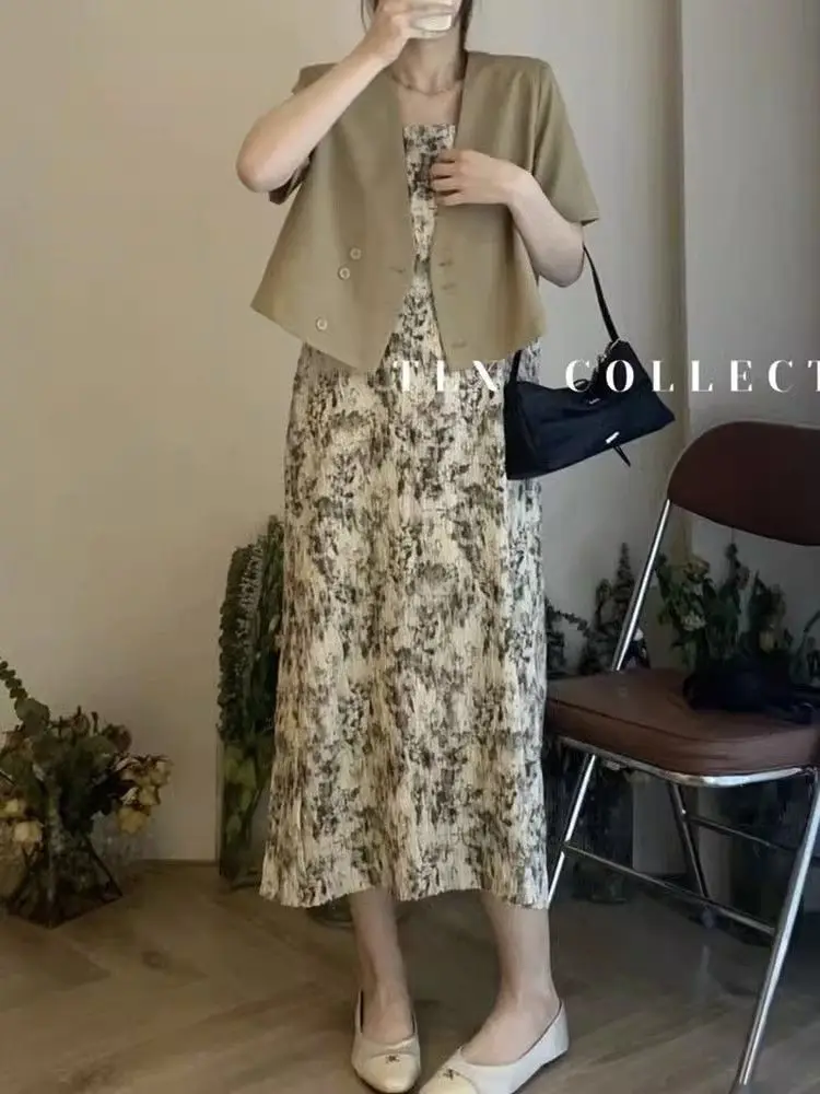 Top Trends: 2 Piece Sets Dress For Women Elegant Short Sleeve Blazer Suit + Print Spaghetti Strap Long Summer Dress New In Matching Sets Shoppable Styles - Image 2