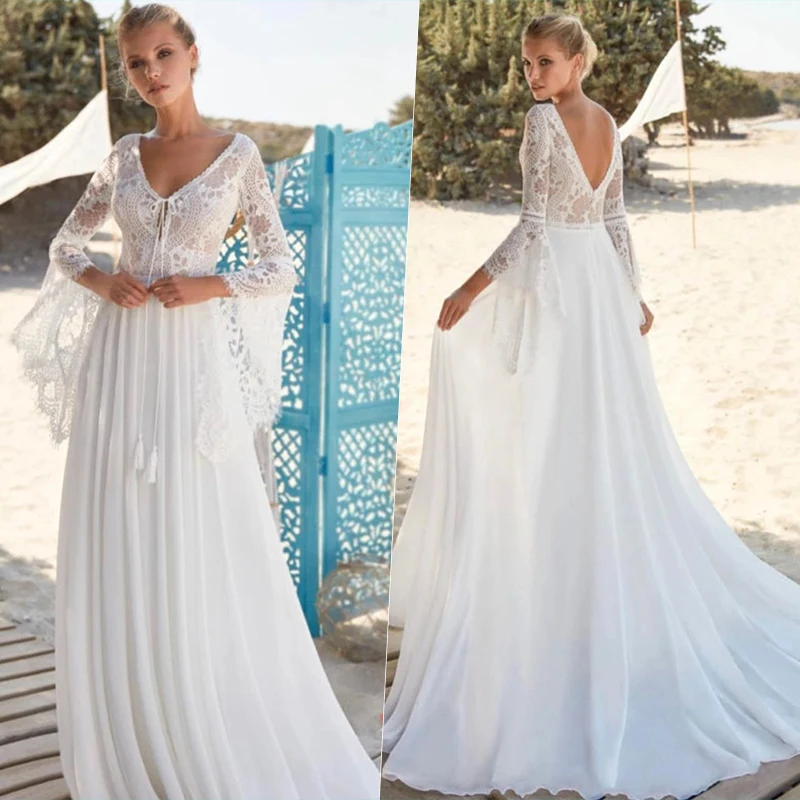 Top Trends: Boho A-Line V-Neck Wedding Dress Elegant Half Sleeve Lace Appliques Chiffon Bridal Dress Backless Train Robe De Mariee Shoppable Styles