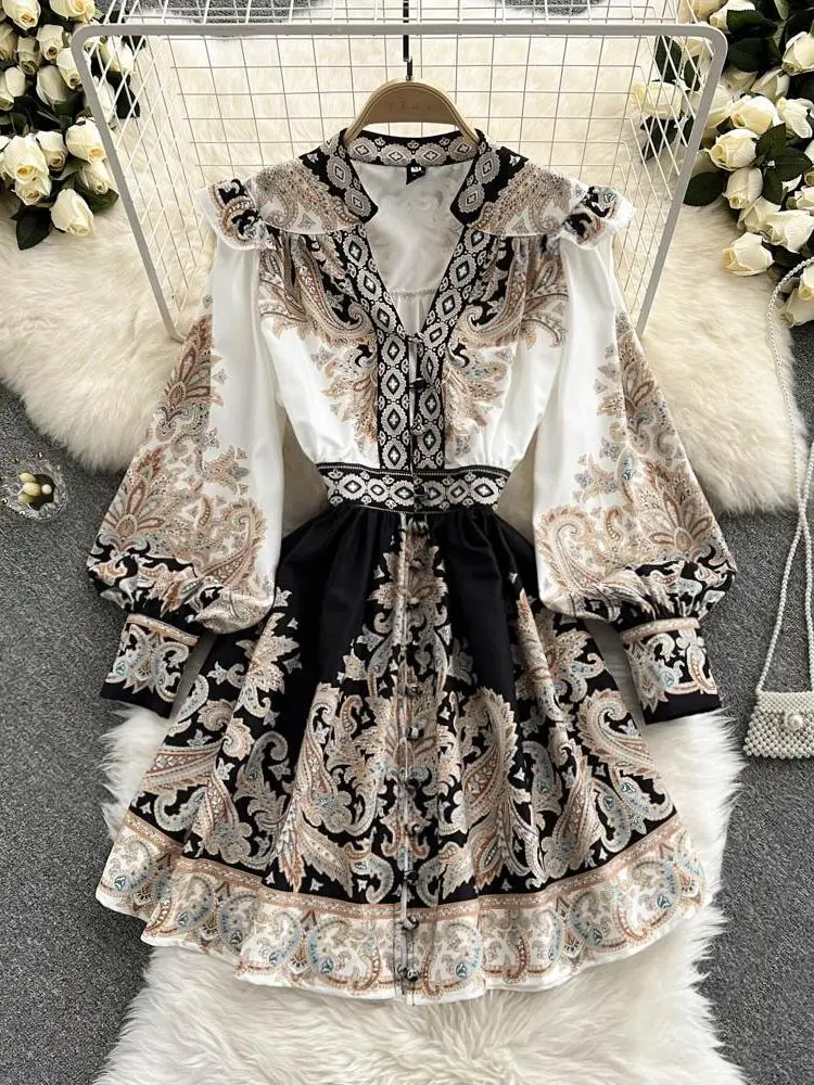 Top Trends: Women Dresses Spring Summer 2022 Runway Fashion Paisley Print Vintage Dress V Neck Long Lantern Sleeve Belted Mini Dress 1991 Shoppable Styles