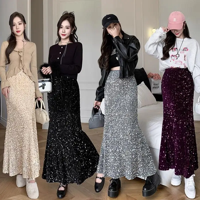 Top Trends: Korean Fashion Midi Skirt Woman High Waist Side Slit Sequined Party Pencil Skirts Female Casual Mid Length Jupe Dropshipping Shoppable Styles