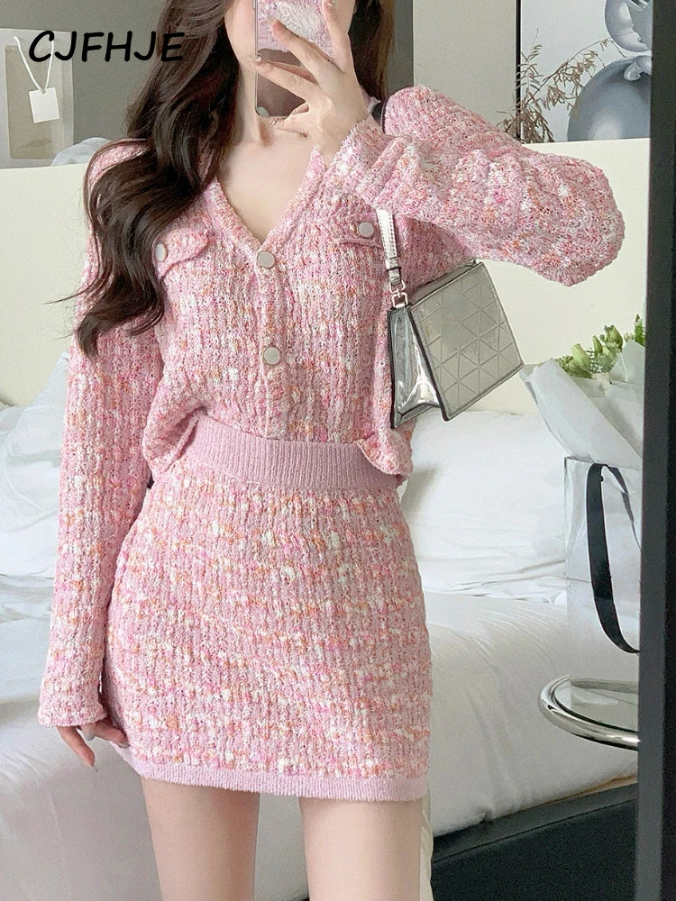 Top Trends: CJFHJE Pink Two Piece Dress Set Sweet Cardigan Sweater Slim Skirt Elegant Y2k Mini Dress Autumn Casual Knitted Office Lady Suits Shoppable Styles