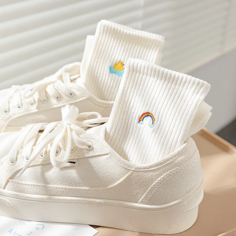 Top Trends: Spring And Summer Thin Style Cute Rainbow White Embroidered Weather Cotton Socks Women's Mid-tube Socks Shoppable Styles