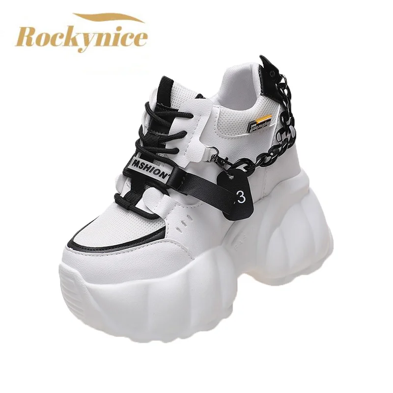 Top Trends: Women Chain Chunky Sneakers White Black Fashion 10CM Thick Sole Casual Ladies Vulcanized Shoes Sport High Platform Sneaker Woman Shoppable Styles