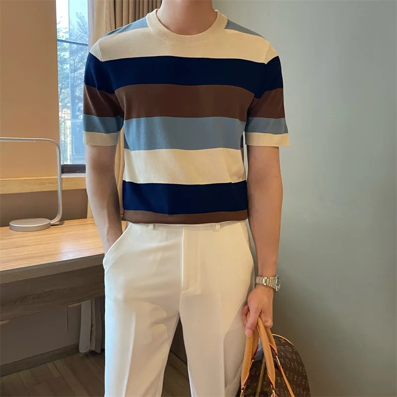 Top Trends: Korean Youth Trend Summer Short Sleeve Color Matching Stripe T-shirt Men&#039;s O-Neck Fresh Loose Fashion Simple Versatile Knit Tops Shoppable Styles