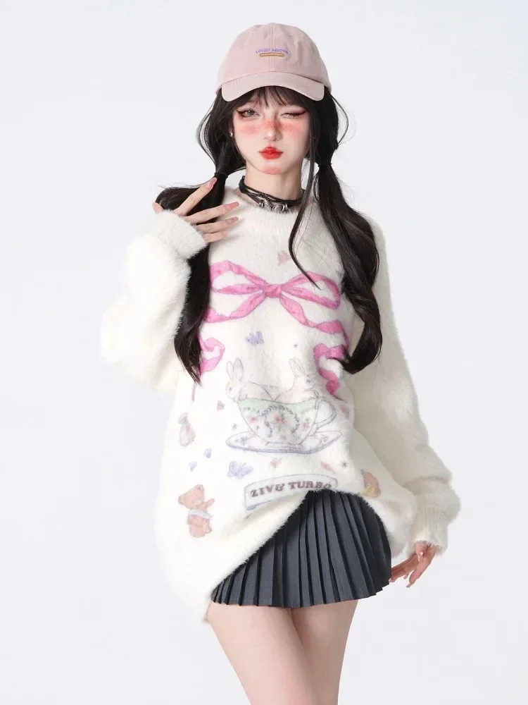 Top Trends: ADAgirl Kawaii Rabbit Graphic Sweater Women O-neck Bunny Print Pullovers Japanese Cutecore Youthful Funny Bear Christmas Clothes Shoppable Styles