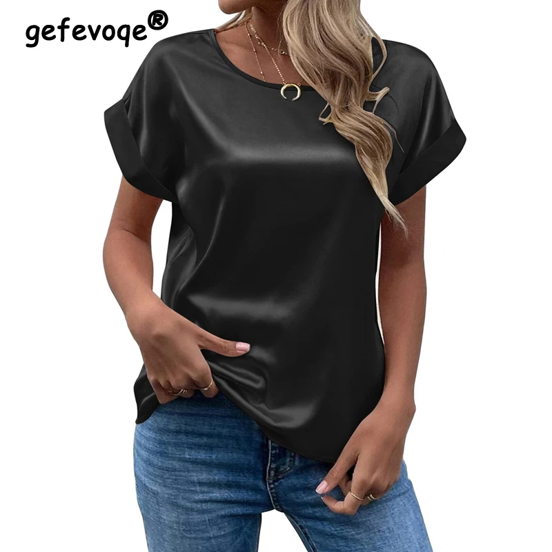 Top Trends: 2023 Summer Elegant Fashion Satin Round Neck Short Sleeve Shirts Female Simple Casual Solid Loose Tops Blouses For Women Clothes Shoppable Styles