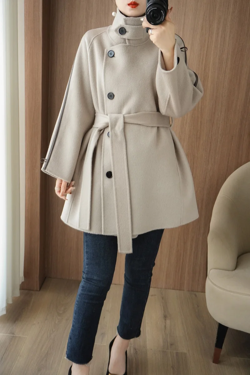 Top Trends: 2023 Autumn / Winter New 100% Pure Wool Standing Collar Double Sided Cashmere Coat Women&#039;s Waist Slim Lace Up Wool Coat Top Shoppable Styles