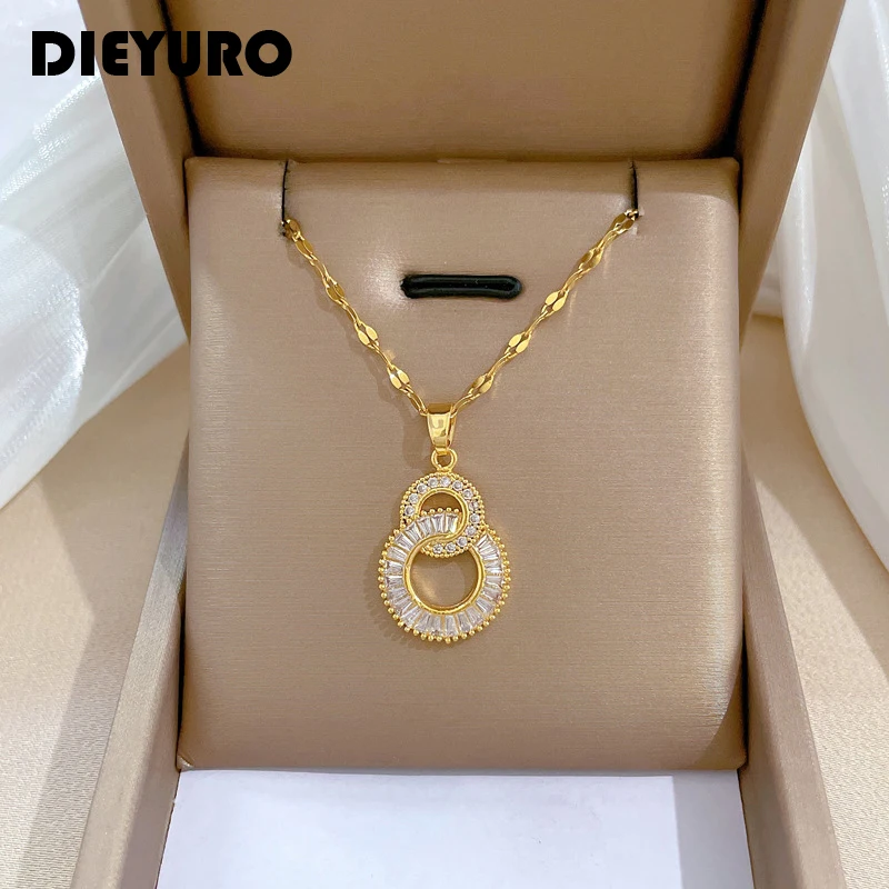 Top Trends: DIEYURO 316L Stainless Steel Crossover Circles Pendant Necklace For Women Girl New Luxury Choker Charm Chain Jewelry Gift Party Shoppable Styles