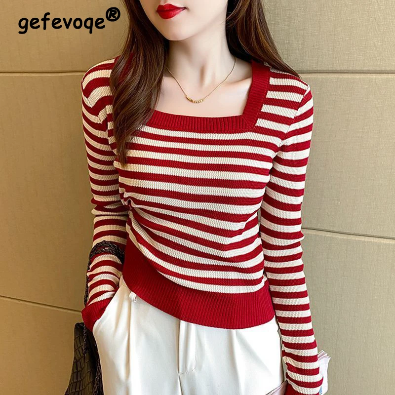 Top Trends: Female 2022 Autumn Stripe Slim Square Sollar T-shirt Korean Casual Fashion New Wild Office Lady Comfortable Long Sleeve Sweater Shoppable Styles