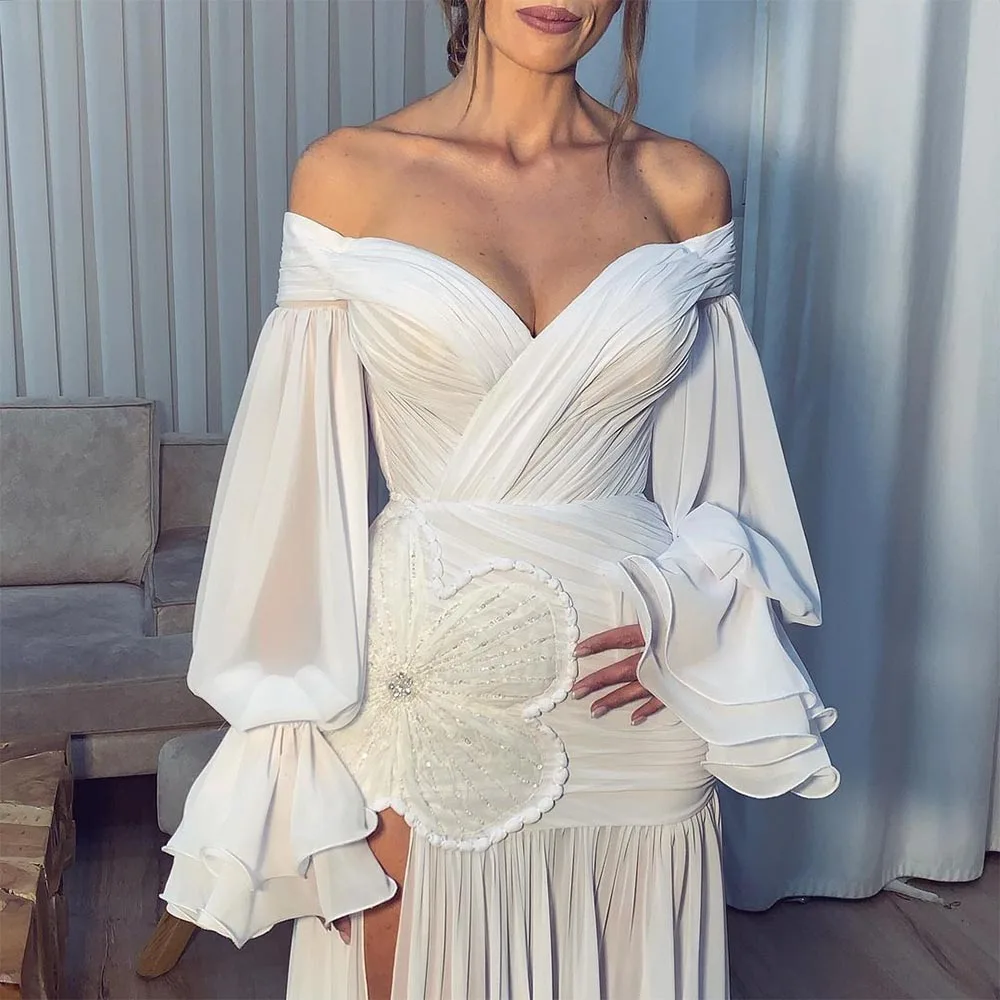 Top Trends: Sevintage Modern High Side Split Chiffon Mermaid Wedding Dresses Long Sleeves Off The Shoulder Wedding Gown Princess Bridal Gown Shoppable Styles