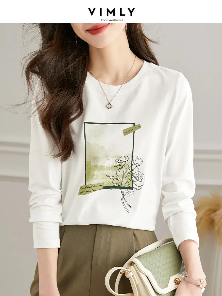 Top Trends: Vimly 100% Cotton Long Sleeve White Tops Printing Basic T Shirt For Women 2023 Spring Autumn Casual Loose Female Tee Shirts Shoppable Styles