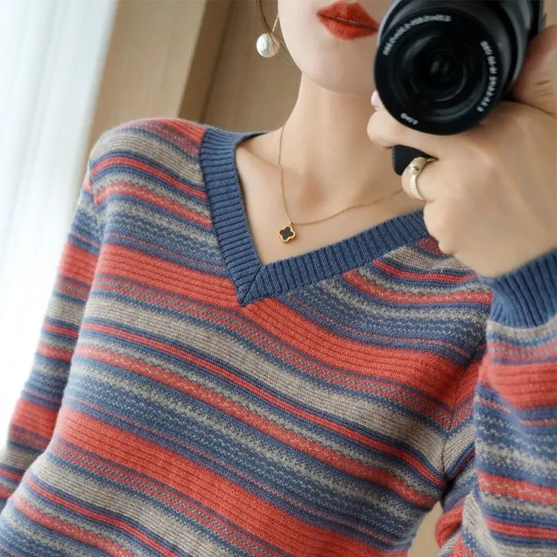 Top Trends: Autumn Winter Elegant Fashion Rainbow Knitting Tops Women All Match Casual Knitwear Long Sleeve Stripe Sweaters Thick Pullover Shoppable Styles