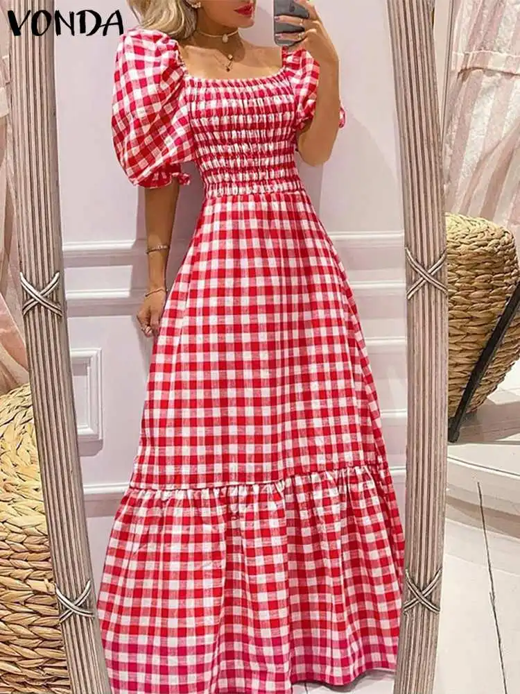 Top Trends: VONDA Summer Women Maxi Dress 2023 Casual Short Sleeve Square Collar Vintage Plaid Party Bohemian Vestidos Loose Long Sundress Shoppable Styles