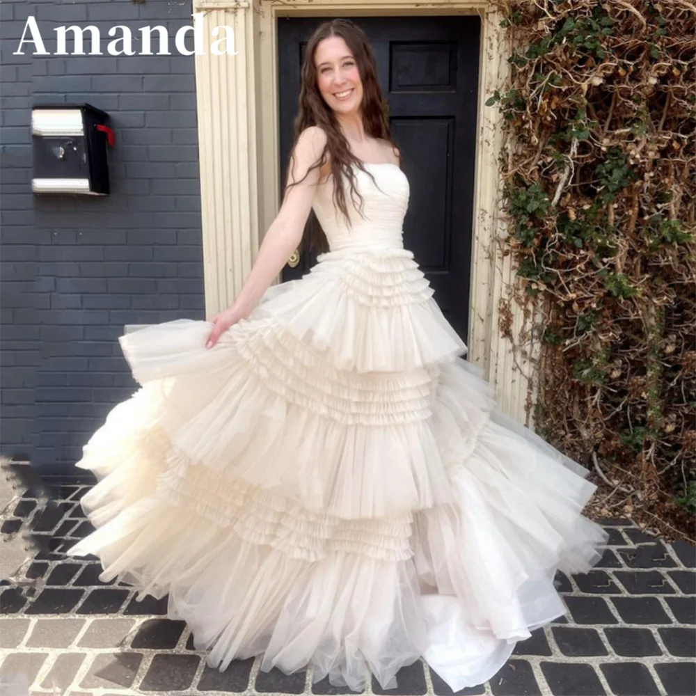 Top Trends: Amanda Gentle Strapless A-line Prom Dress Sexy Side Split فساتين السهرة Luxury Shiny Ivory Multilayer Vestidos De Noche Shoppable Styles