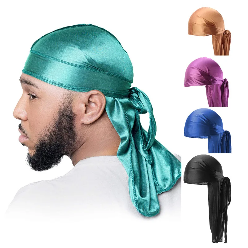 Top Trends: Durag Long Tail Silky Scarf Muslim Doo Rag Pirate Hat Durag Chemo Caps Skull Hat Turban Hair Band Bandanas 18 Colors For Choose Shoppable Styles