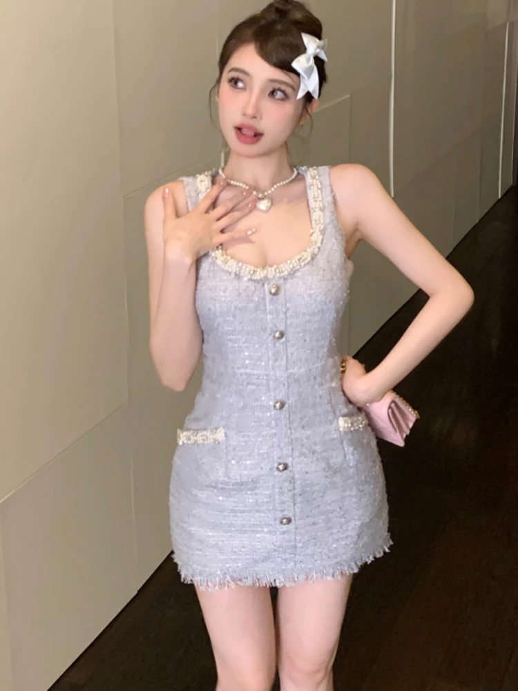 Top Trends: Summer French Tassel Beading Small Fragrance Sleeveless Dress Female Elegant Slim Bag Hip Tweed Vest Women Sweet Dresses Shoppable Styles