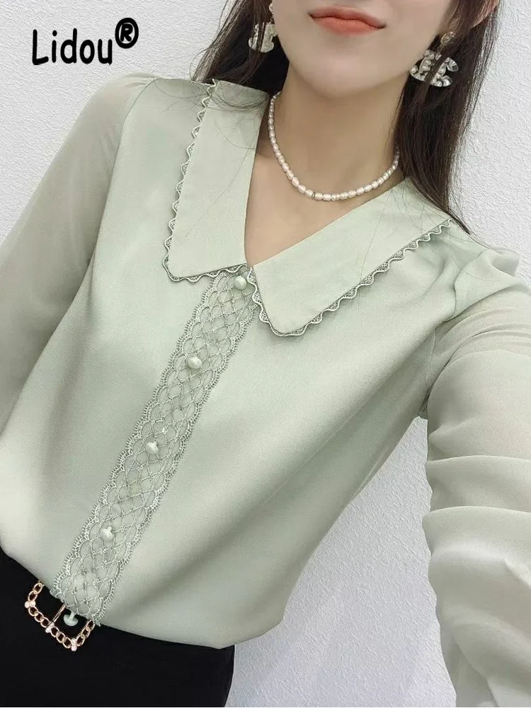 Top Trends: Spring Autumn Satin Elegant Chic Sweet Lace Blouses Shirt For Women Fashion White Green Loose Office Ladies Tops Chemisier Femme Shoppable Styles