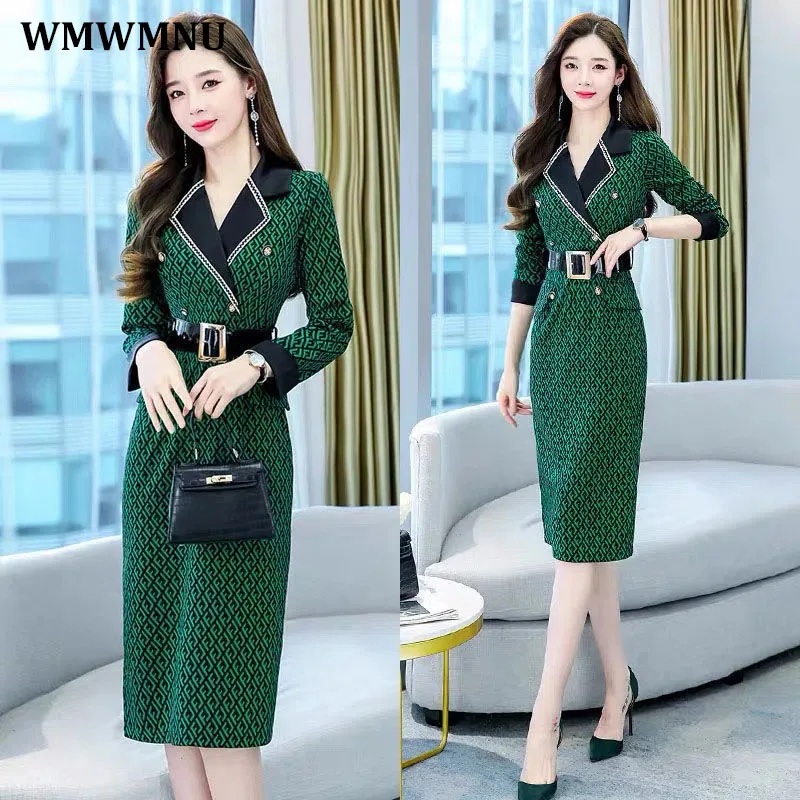 Top Trends: Office Lady Elegant Slim Print Praty Dress Women Vintage Notched Collar Belt Balzer Dresses Korean Autumn Midi Vestido De Festa Shoppable Styles