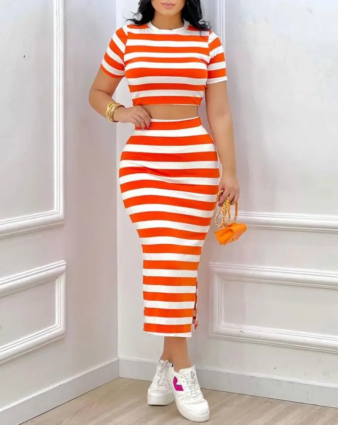 Top Trends: Two Piece Sets Womens Outifits Summer Fashion Striped Print O-Neck Short Sleeve Crop Top &amp; Casual Split Hem Skinny Skirt Set Shoppable Styles