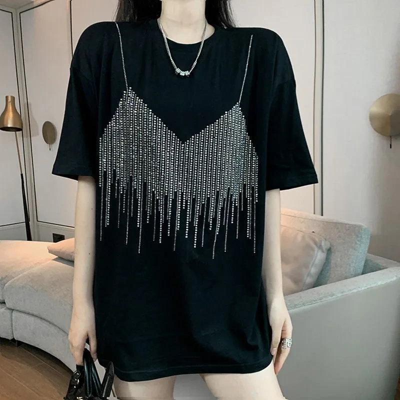 Top Trends: 4XL Plus Size Summer Diamond Short Sleeve Loose T Shirt For Women Casual Streetwera T-shirt Lady Chic Camisole Pattern Tee Top Shoppable Styles - Image 6