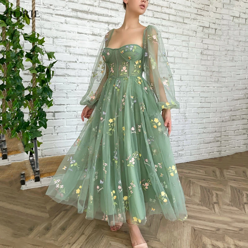 Top Trends: LORIE Fairy Forest Green Lace Prom Party Dresses Puffy Sleeves Colorful Flowers Appliques Formal Gowns Ankle Length Evening Gown Shoppable Styles