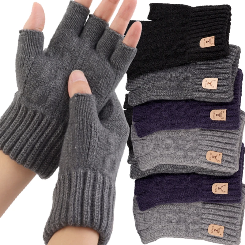 Top Trends: Writting Office Half Finger Gloves Men Women Winter Cashmere Knitted Thick Thermal Fingerless Gloves Solid Warm Driving Mittens Shoppable Styles