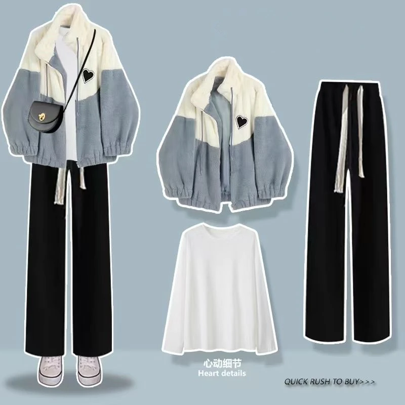 Top Trends: Autumn Winter Women Lamb Plush Jacket White T Shirt Wide Leg Pants 1 Or 3 Piece Set Korean Lady Casual Heart Patchwork Coat Suit Shoppable Styles - Image 2