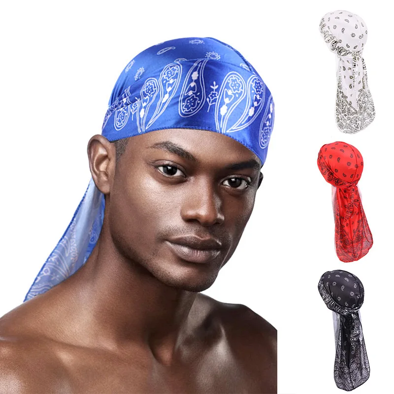 Top Trends: New Men Satin Paisley Printed Durag Turban Bandanas Headwear Silky DuRag Doo Rag Long Tail Pirate Hat Wave Caps Hair Accessories Shoppable Styles