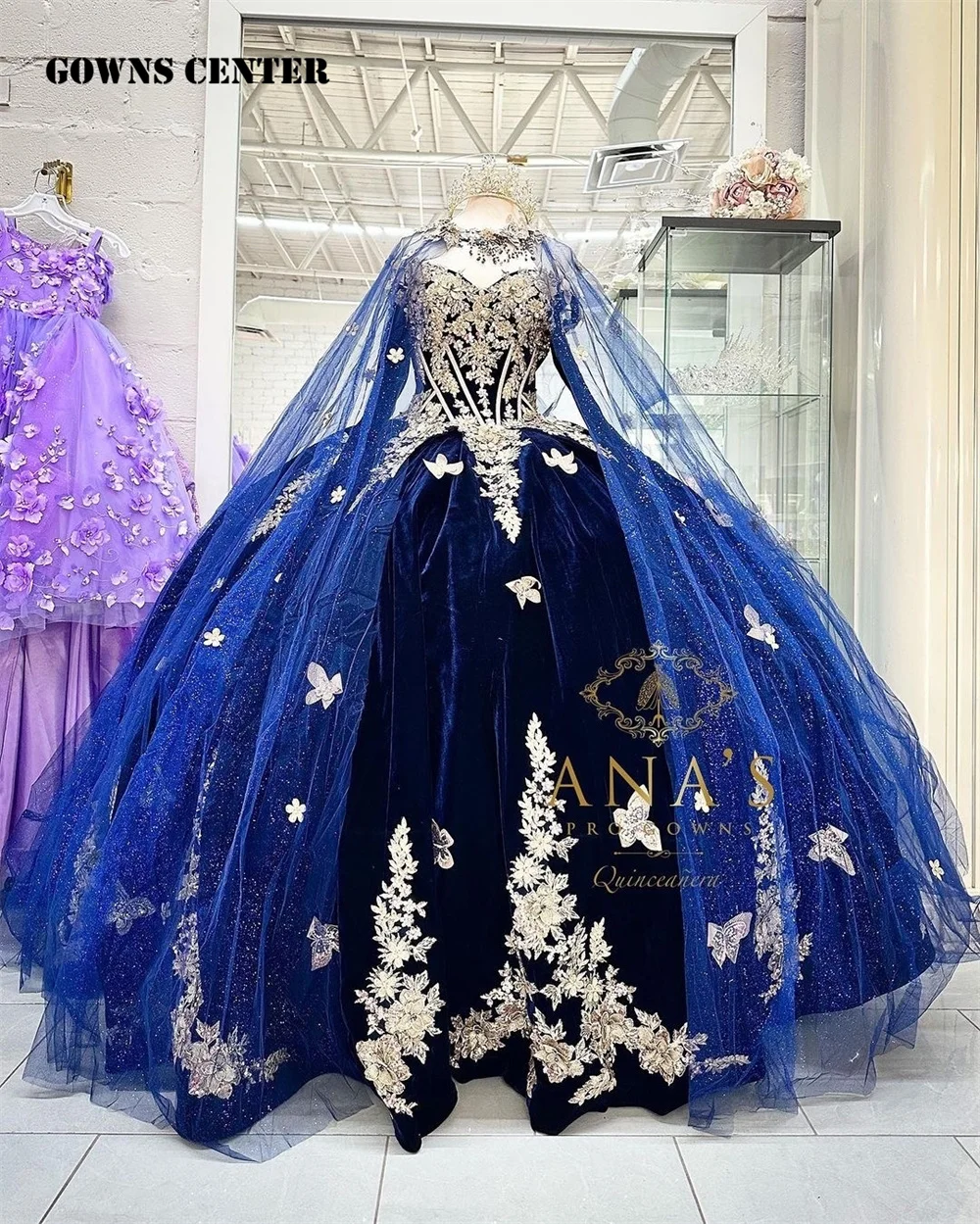 Top Trends: Tulle Cape 15 Year Old Velvet Navy Quinceanera Dress 2024 Gloves Gold Lace Appliques Sweet 16 Dress Party Gown Lace Up Vstidos Shoppable Styles