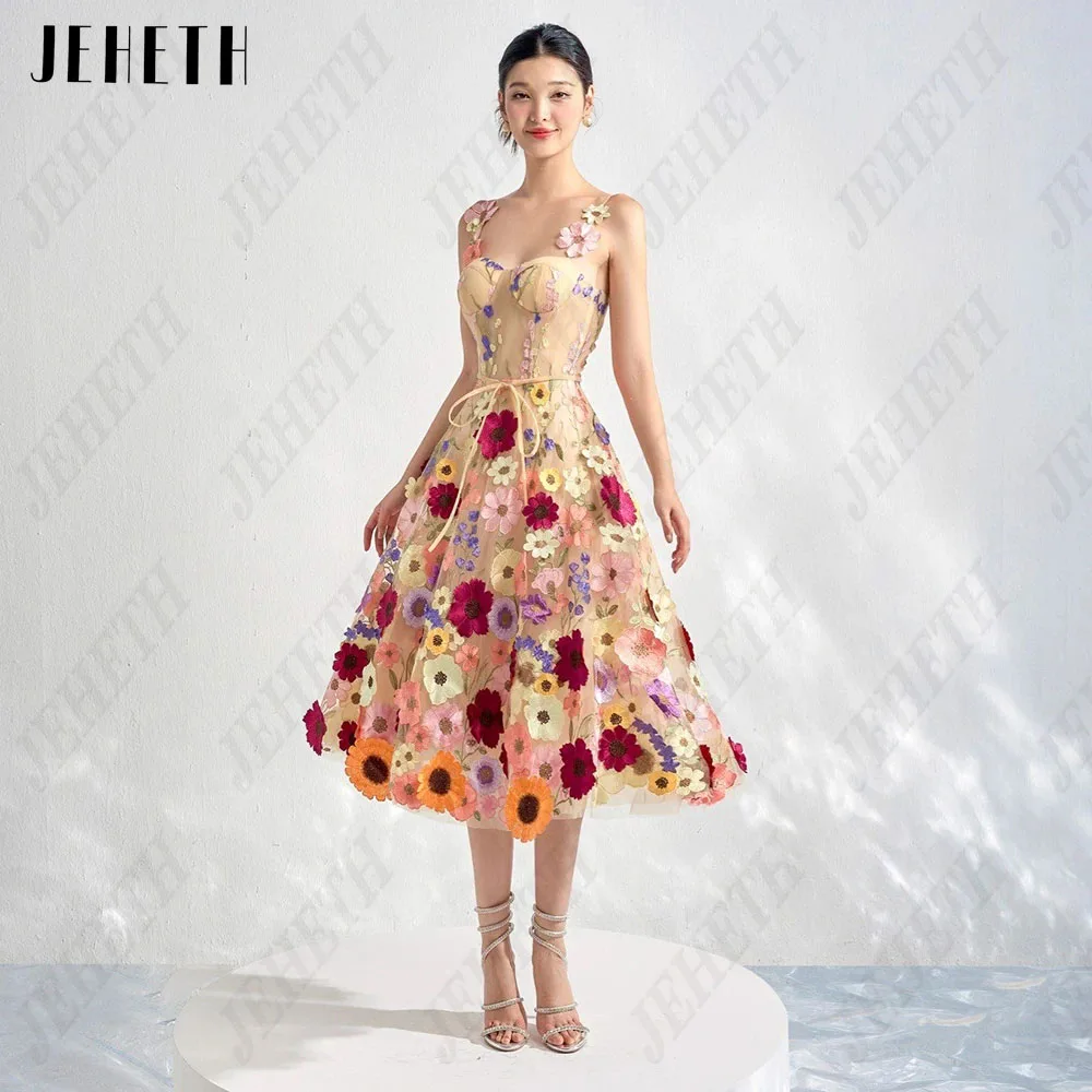 Top Trends: JEHETH Embroidery Lace Midi Prom Dresses Sweetheart Spaghetti Straps Floral A-Line Ballkleid Tea-Length Backless Party Dress Shoppable Styles