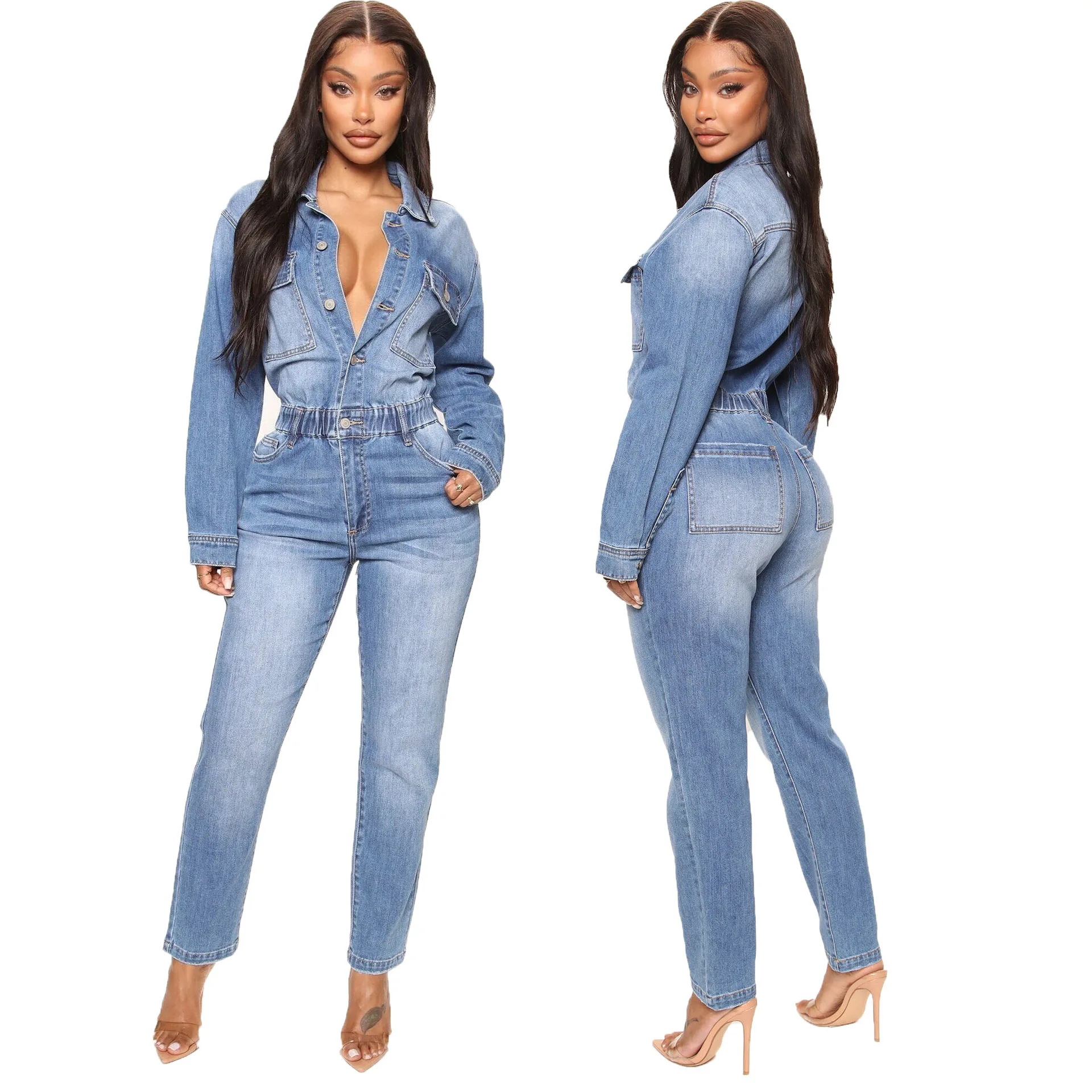 Top Trends: New Fashion Denim Print Long Sleeve Bottom Button Jumpsuit Blue Fashion Street Jumpsuit Autumn Set Jumpsuit Shoppable Styles