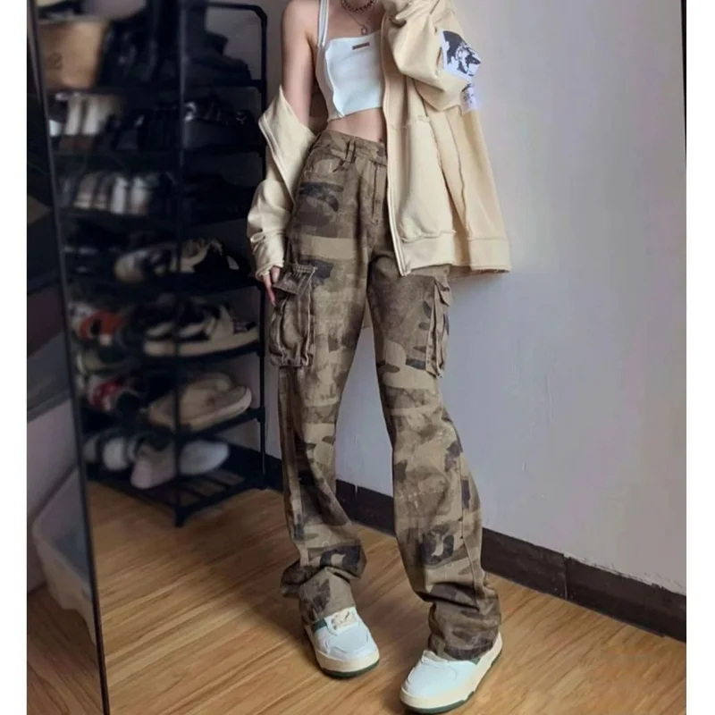 Top Trends: Streetwear Fashion Women Camouflage Cargo Jeans Spring Autumn Hip Hop Vintage High Waist Pant Washed Loose Wide Leg Y2k Trousers Shoppable Styles