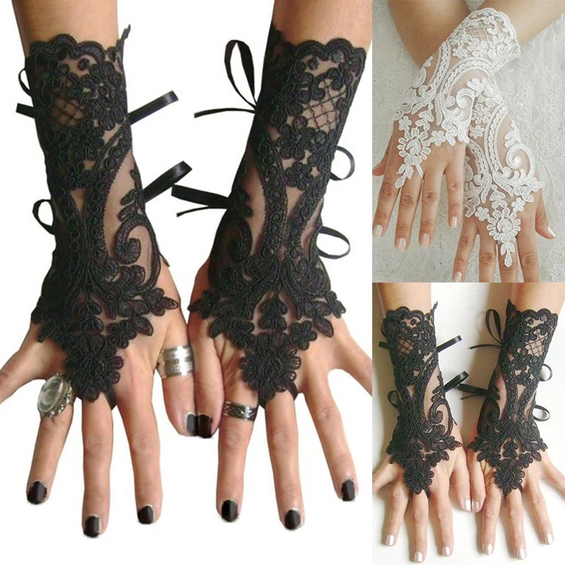 Top Trends: Short Wedding Gloves Ivory White Black Bridal Gloves Girl Party Fingerless Lace Glove Ladies Flower Guantes Wedding Accessories Shoppable Styles