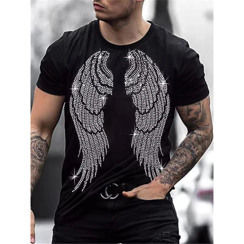 Top Trends: New Mens Quality Oversized Fashion Y2k Summer Tee Tops Designer Angel Wing Rhinestone Club Short Sleeve Street O-Neck T-shirt Shoppable Styles