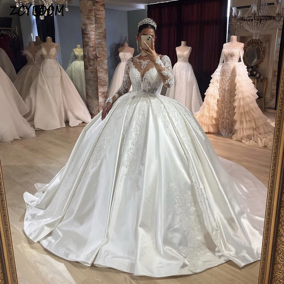 Top Trends: Luxury O-Neck Beaded Appliques Long Sleeves Wedding Dress 2023 Ball Gown Floor Length Sweep Train Stain Lace Up Bridal Gown Shoppable Styles